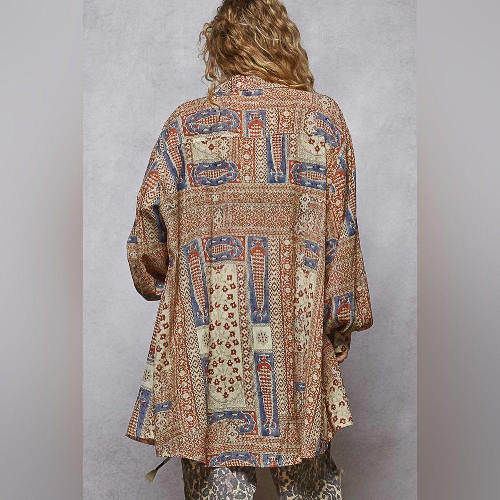 POL Printed Button Down Balloon Sleeve Shirt in Taupe Multi - Picture 4 of 6